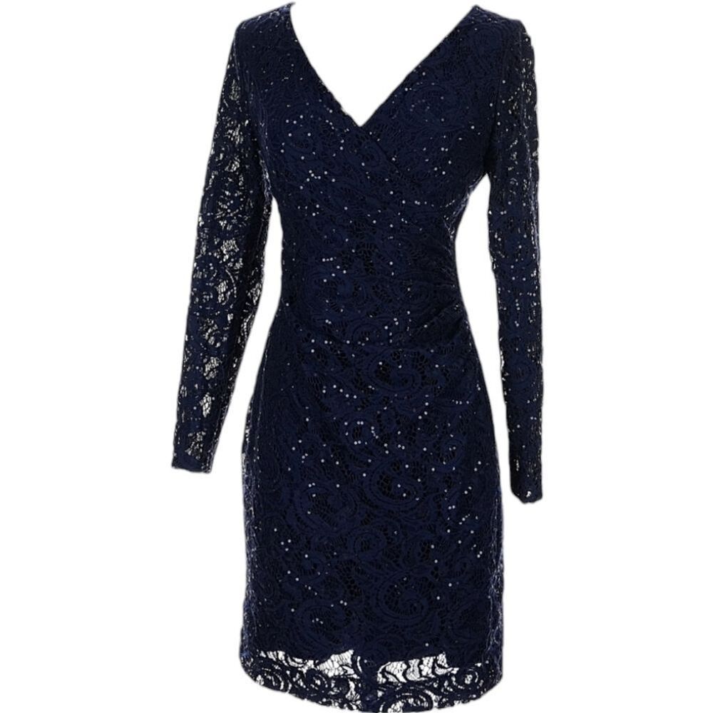 Lauren by Ralph Lauren Navy Blue Lace Sequin  Long Sleeve Sheath Mini Dress 4P